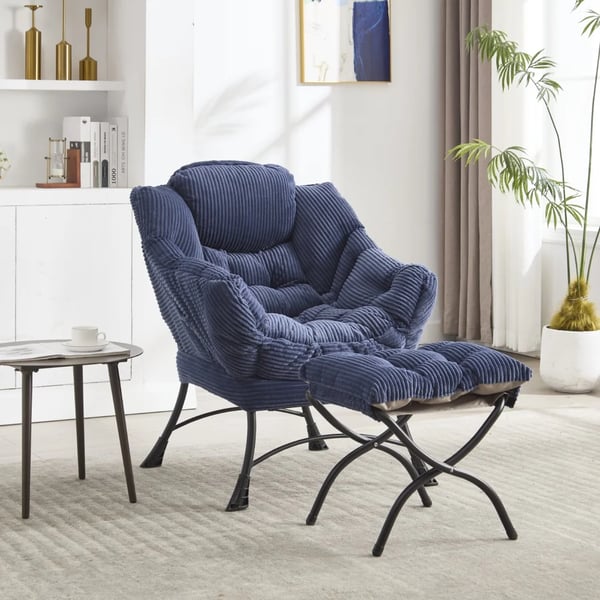 Lounge lænestol - Læsestol med skammel - Armlæn - Sidelomme - Klassisk design - Stofbetræk - L-form - Blå