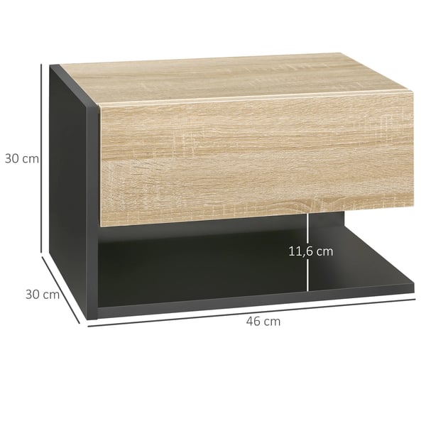 Set med 2 nattduksbord - Väggmonterade sängbord - 1 låda och öppen hylla - 46x30x30 cm - Modern minimalistisk design - Ek och svart