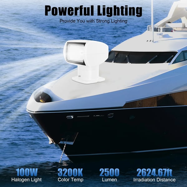 Veneen etsintävalo - Kaukosäädettävä merivalaisin - 2500 Lumen - Kantama 800 m - 5 m Kaapeli - 12 V DC - 100 W - Valkoinen