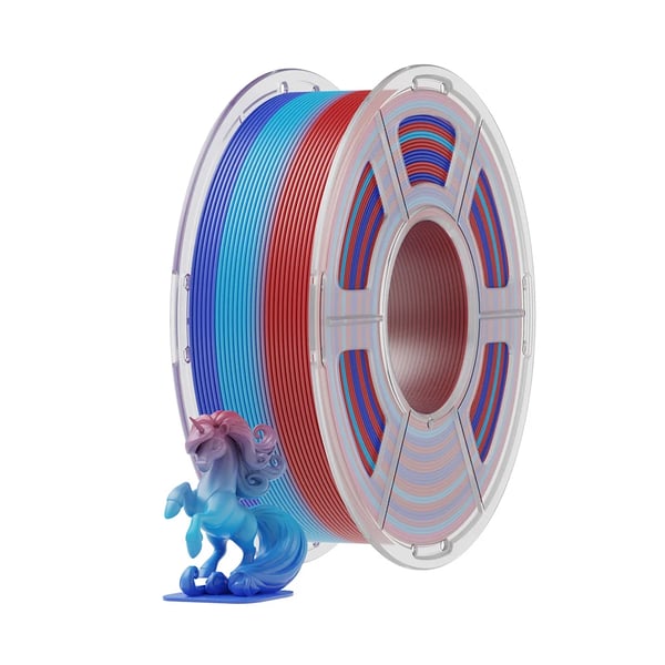 PLA 3D-printerfilament - Rainbow02 - Spole 1 kg - Regnbue Farveskift 100 g - Dysetemp 200–240°C - Varmebed 50–60°C - Hastighed 50–200 mm/s - Rød