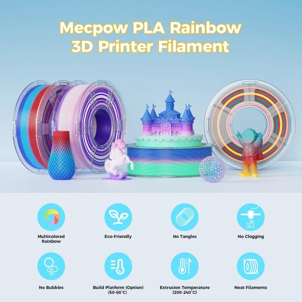 3D-printerfilament - PLA 1 kg Spole - Rainbow Farveskift 100 g - Hastighed 50–200 mm/s - Printtemp 200–240°C - Bed 50–60°C - Densitet 1,23 g/cm³
