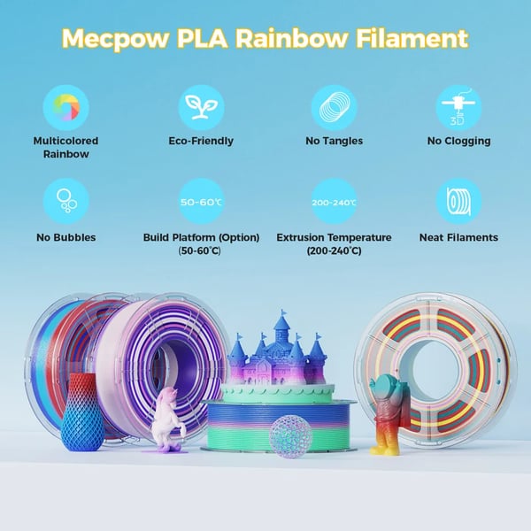 3D-printerfilament - PLA 1 kg Spole - Rainbow Farveskift 100 g - Hastighed 50–200 mm/s - Printtemp 200–240°C - Bed 50–60°C - Densitet 1,23 g/cm³