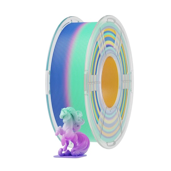 3D-printerfilament - PLA 1 kg Spole - Rainbow Farveskift 100 g - Hastighed 50–200 mm/s - Printtemp 200–240°C - Bed 50–60°C - Densitet 1,23 g/cm³