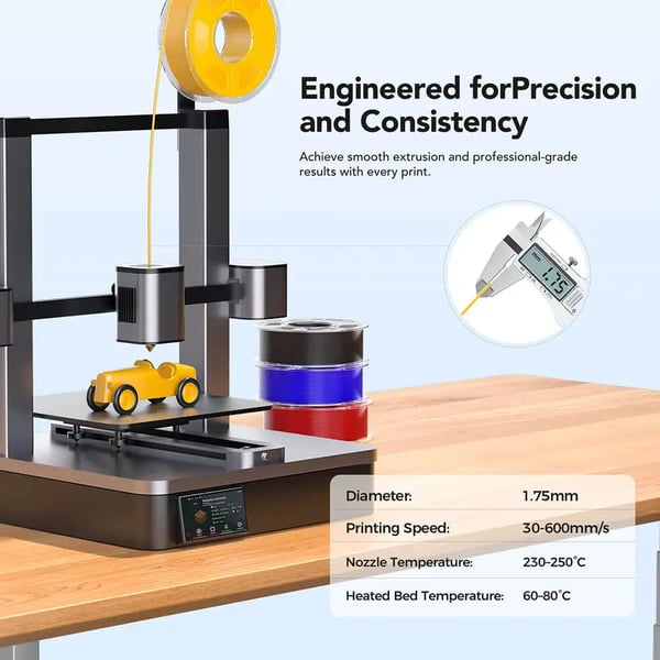 PETG 3D-printerfilament - 1,75 mm ±0,02, 1 kg - Høj hastighed 30–600 mm/s - Printtemp. 230–250 °C - Varmebed 60–80 °C - Hvid