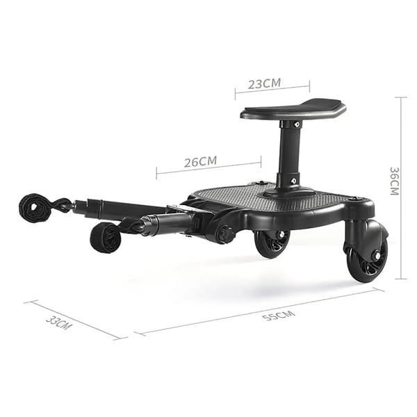 Ståbræt til barnevogn - Med sæde - Universal pasform - Max 25 kg - Alder 3–7 år - Størrelse 55×33×36 cm - Miljøvenlig PP