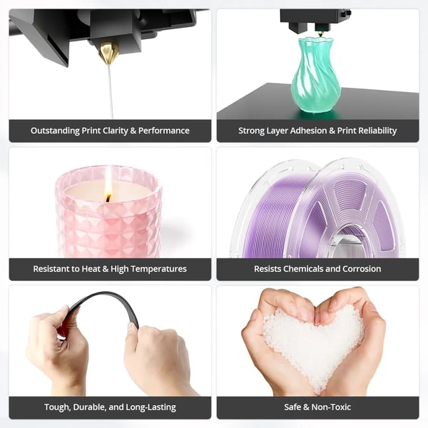 3D-printer filament - PETG - Høj hastighed 30–600 mm/s - Temperatur 230–250 °C - Byggeplade 60–80 °C - 1,75 mm ±0,02 mm - 1 kg - Lyslilla