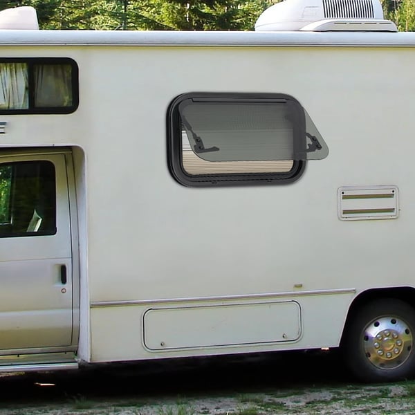 Autocamper-/Campingvognsvindue - Sidevindue med hængsel - 50 x 30 cm - Udadgående push-out - Med insektnet - 85° åbning - Sort