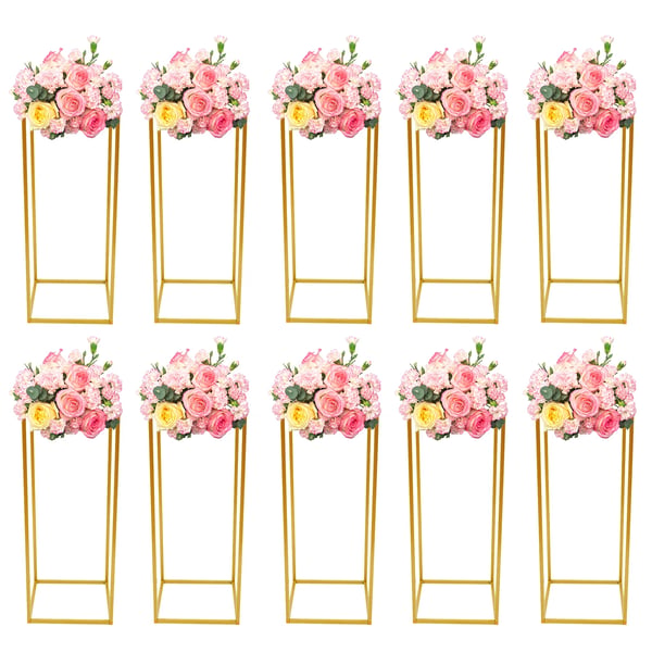 Blomsterstander - Metal søjlestativ - Sæt af 10 - 24×24×60 cm - Bærer 5 kg/stk - XL - Fritstående - Til bryllup & fest - Guld