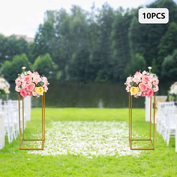 Blomsterstander - Metal søjlestativ - Sæt af 10 - 24×24×60 cm - Bærer 5 kg/stk - XL - Fritstående - Til bryllup & fest - Guld