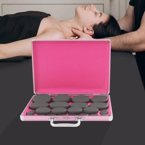 Hot Stone Massagesæt - Basaltsten med Varmer - 20 stk - 4 Størrelser - EU-stik 220V - 220W - Varmekasse Gåsegul - Stenfarve Sort