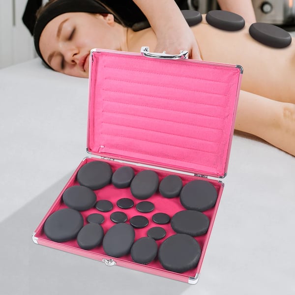 Hot Stone Massagesæt - Basaltsten med Varmer - 20 stk - 4 Størrelser - EU-stik 220V - 220W - Varmekasse Gåsegul - Stenfarve Sort