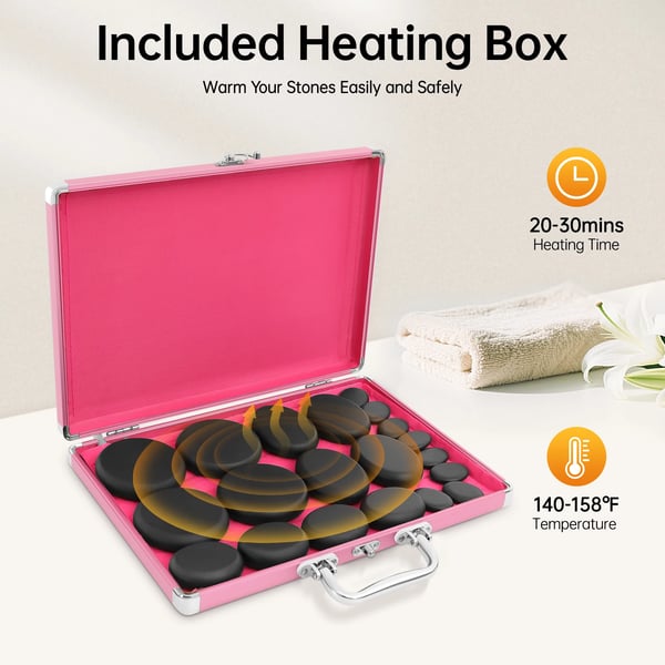 Hot Stone Massagesæt - Basaltsten med Varmer - 20 stk - 4 Størrelser - EU-stik 220V - 220W - Varmekasse Gåsegul - Stenfarve Sort
