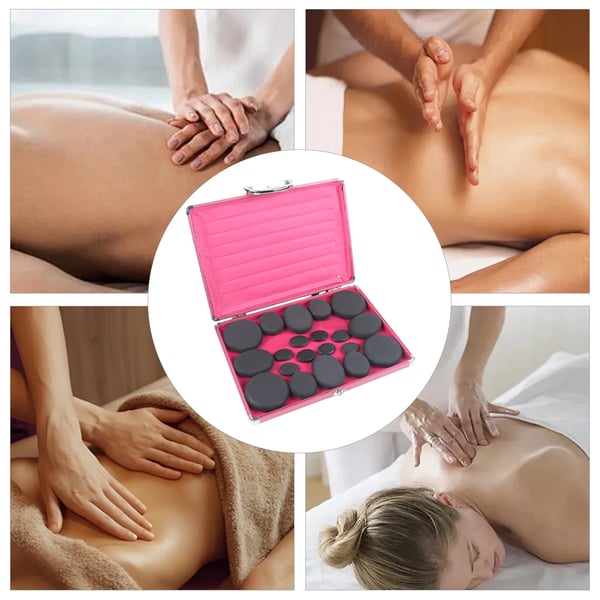 Hot Stone Massagesæt - Basaltsten med Varmer - 20 stk - 4 Størrelser - EU-stik 220V - 220W - Varmekasse Gåsegul - Stenfarve Sort