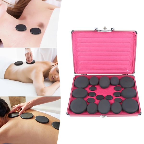 Hot Stone Massagesæt - Basaltsten med Varmer - 20 stk - 4 Størrelser - EU-stik 220V - 220W - Varmekasse Gåsegul - Stenfarve Sort