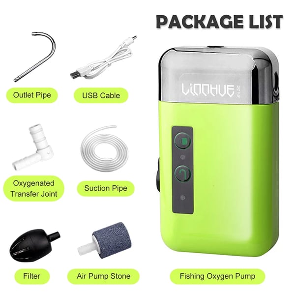 Bærbar luftpumpe til fiskeri - Aerator/Iltpumpe - USB-drift - 3 tilstande - Med luftsten og slange - ABS - Grøn