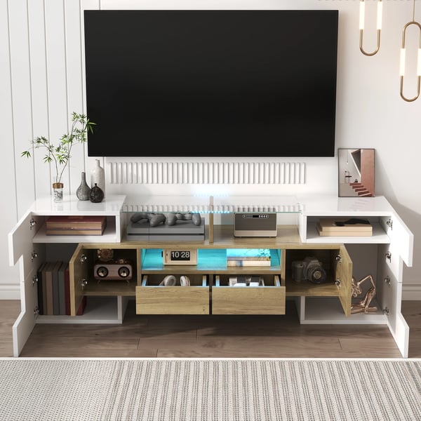 TV-bord - Lowboard/Skænk - Mål 145×30×51 cm - Til TV 127–150 cm - LED-belysning - 4 Døre - Moderne Stil - Træ - Hvid/Guld