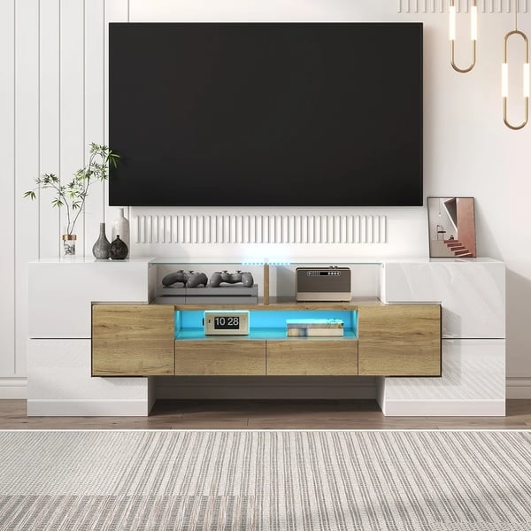 TV-bord - Lowboard/Skænk - Mål 145×30×51 cm - Til TV 127–150 cm - LED-belysning - 4 Døre - Moderne Stil - Træ - Hvid/Guld
