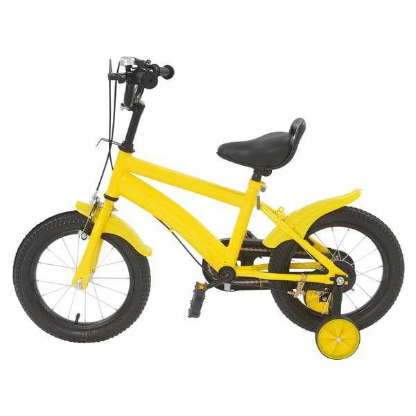 Barncykel - 35 cm hjul - Med stödhjul - Fälgbromsar - Ram i kolstål - Aluminiumfälgar - Gul