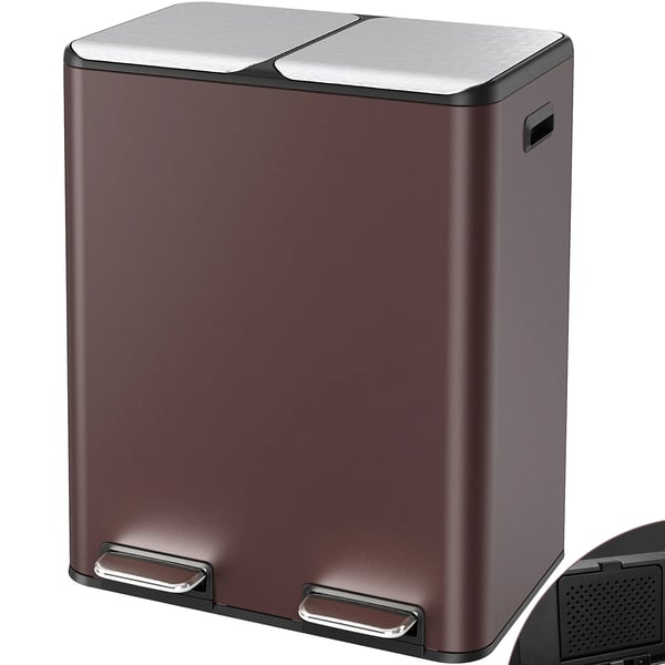 Dubbel Soptunna 60 L - Pedalhink - Två Fack - Rostfritt Stål - Inbyggt Filter - Rektangulär - 50,8×32,3×66 cm - Brun