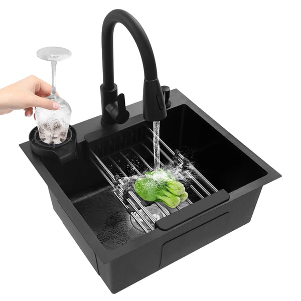 Køkkenvask - Sæt med udtræksarmatur - Udtræk 40 cm - Sæbedispenser 300 ml - Glas-/kopskylder - Kurvsi - 201 rustfrit stål/kobber - Sort