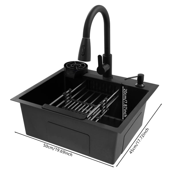 Køkkenvask - Sæt med udtræksarmatur - Udtræk 40 cm - Sæbedispenser 300 ml - Glas-/kopskylder - Kurvsi - 201 rustfrit stål/kobber - Sort
