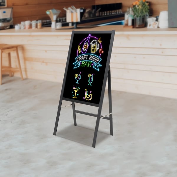 LED Kirjoitustaulu - Seisova Menutaulu - Koko 60x60 cm - Kaksoisvirta (Paristo/Verkko) - Karkaistu Lasi & Alumiini - Mukana 8 Neon-tussia
