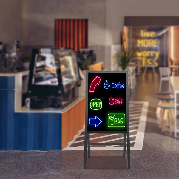 LED Kirjoitustaulu - Seisova Menutaulu - Koko 60x60 cm - Kaksoisvirta (Paristo/Verkko) - Karkaistu Lasi & Alumiini - Mukana 8 Neon-tussia