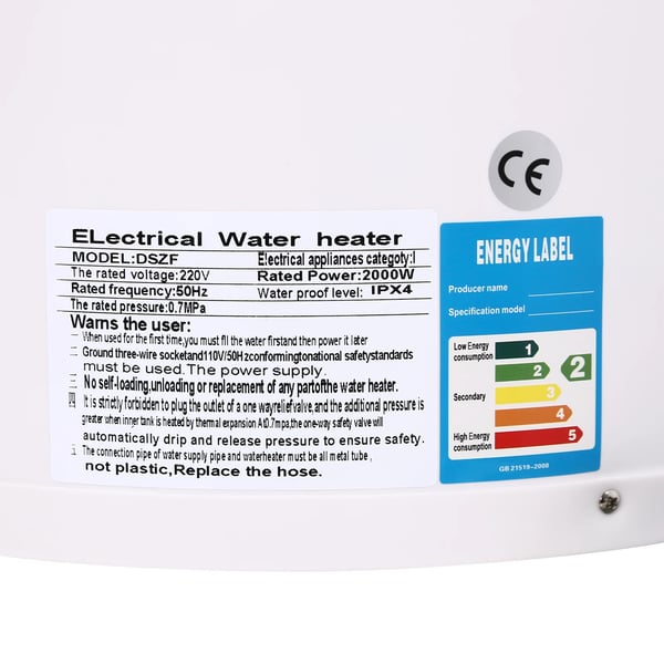 Elvandvarmer - 30 l - 2000 W - 220 V - Håndbruser - Lækagesikring - CE-godkendt - Hvid