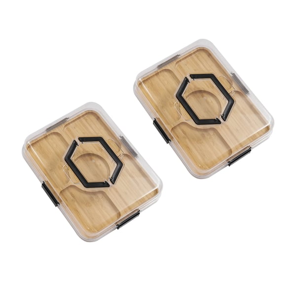 Charcuteri- og ostebræt sæt - Serveringsbræt med låg - 2 stk - 5 rum - Bambus & akryl - 35,3×28,3 cm - Hvid