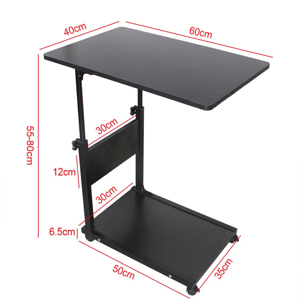Rullebord til seng/sofa - Sidebord på hjul - Højdejusterbart 55–80 cm - Bordplade 60x40 cm - 2 niveauer - 4 hjul med bremse - 20 kg - Sort