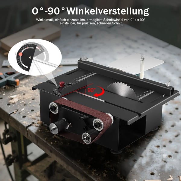 Mini bordrundsav - Bordsav med båndsliber - 300 W - Bærbar - 4 klinger - Til hobby & træarbejde - Sort