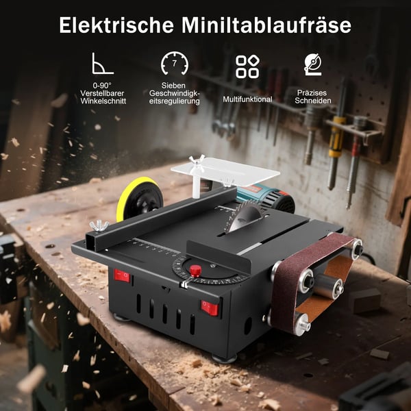Mini bordrundsav - Bordsav med båndsliber - 300 W - Bærbar - 4 klinger - Til hobby & træarbejde - Sort