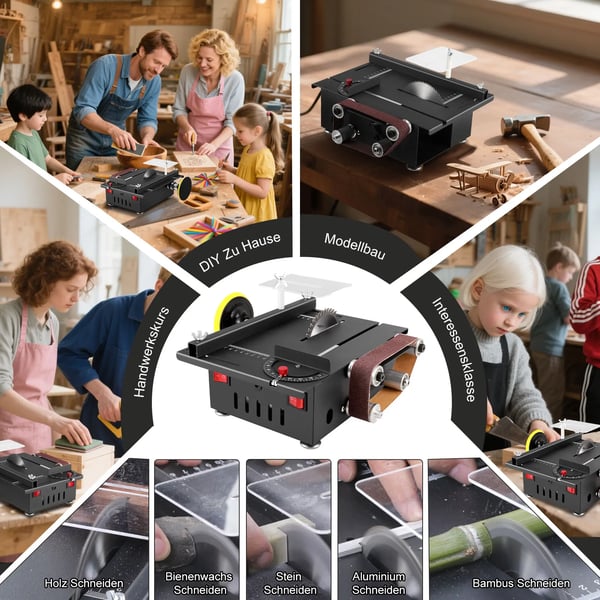 Mini bordrundsav - Bordsav med båndsliber - 300 W - Bærbar - 4 klinger - Til hobby & træarbejde - Sort