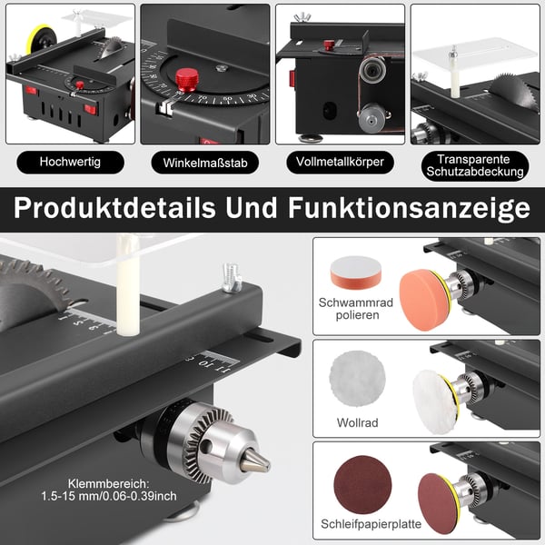 Mini bordrundsav - Bordsav med båndsliber - 300 W - Bærbar - 4 klinger - Til hobby & træarbejde - Sort