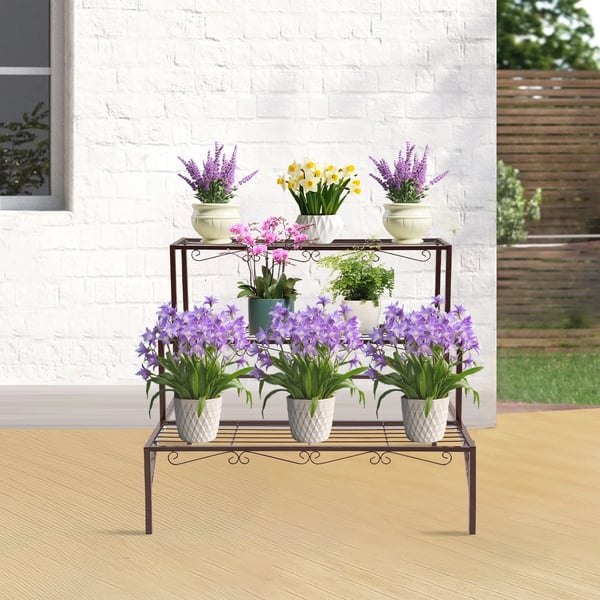 Blomsterstander - Metal trappehylde til plantekrukker - 3 Etager - Fritstående - 70×58×60 cm - Samling - Bronzefarvet