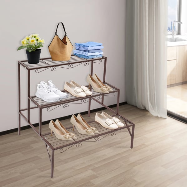 Blomsterstander - Metal trappehylde til plantekrukker - 3 Etager - Fritstående - 70×58×60 cm - Samling - Bronzefarvet