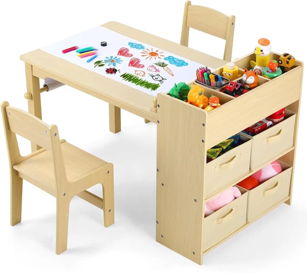 Barn rit- och pysselbord med 2 stolar - 3-delat set - Trä, rektangulärt - Med förvaring och lådor - 103×55,5×64 cm - Naturträ