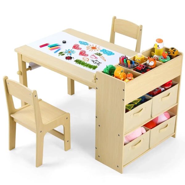 Lasten piirustus- ja askartelupöytä + 2 tuolia - 3-osainen setti - Puu, suorakulmainen - Säilytys ja laatikot - 103×55,5×64 cm - Luonnonpuu