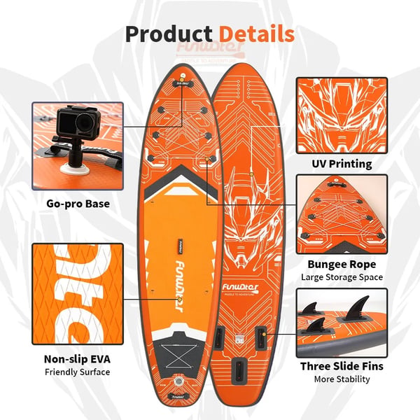 Stand up paddle board SUP - Model SUPFW50A - 3 finner - EVA skridsikkert dæk - Bungee-snor - 200 kg bæreevne - 13,3 kg - Orange
