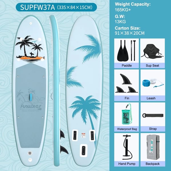 SUP-board - Stand Up Paddleboard - 335×84×15 cm - 3 finner - EVA skridsikkert dæk - Elastisk bagagereb - 165 kg bæreevne - 13 kg vægt - Blå