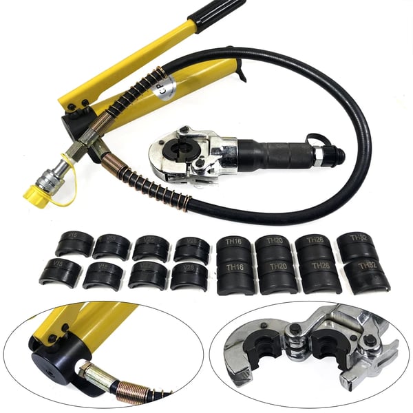 Hydraulisk presstang/krimpetang - 6 t sæt - 9 bakker - 360° drejehoved - Manuel pumpe - Til kobber/aluminium/PEX-rør - Gul