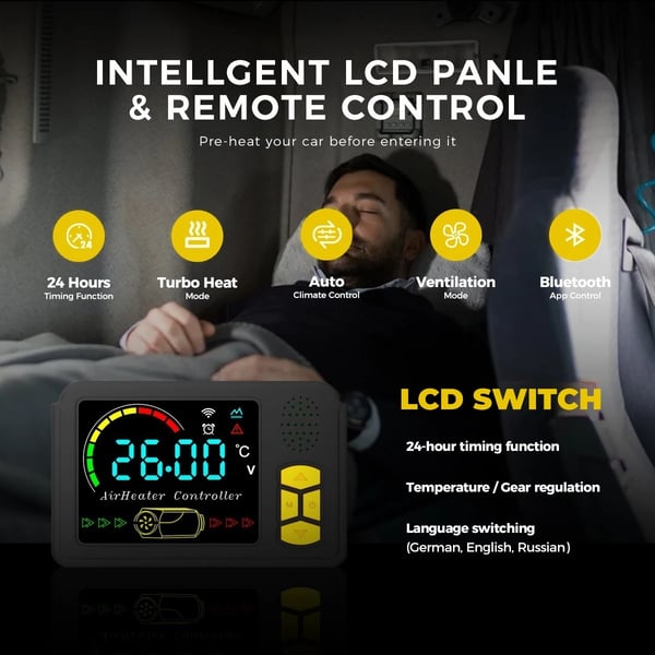 Diesel pysäköintilämmitin - TB30 kannettava - 8 kW - 12V/24V & 110–240V - Bluetooth/LCD/Kaukosäädin - 20–25 m² - Musta