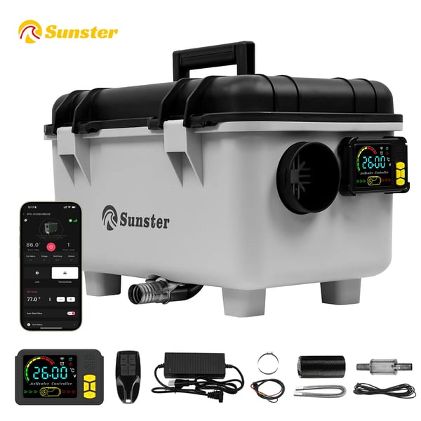 Diesel parkeringsvarmer - TB30 bærbar - 8 kW - 12V/24V & 110–240V - Bluetooth/LCD/Fjernbetjening - 20–25 m² - Sort
