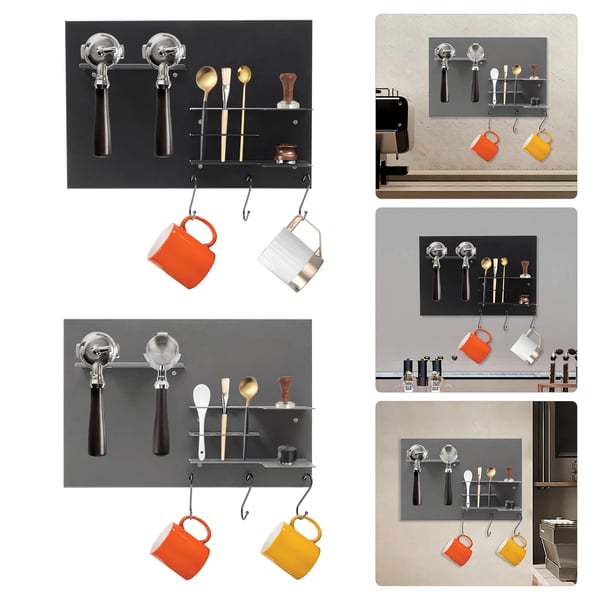 Kafferedskabsstativ - Vægmonteret tamperhylde - 4 niveauer - 3 kroge - Jern - Max 4 kg - Sort