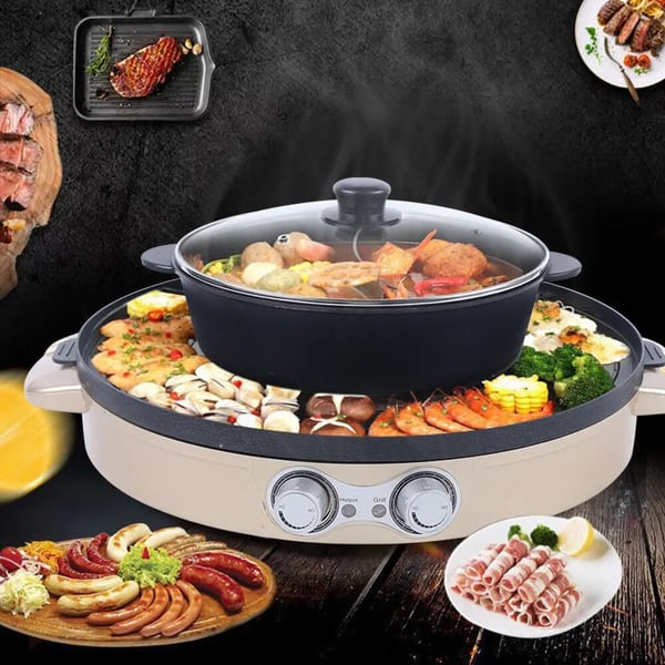 Sähköinen hot pot ja grilli - 2-in-1 pöytägrilli ja pata - Kuumalta suojaavat kahvat - Pihveille, mereneläville, vihanneksille
