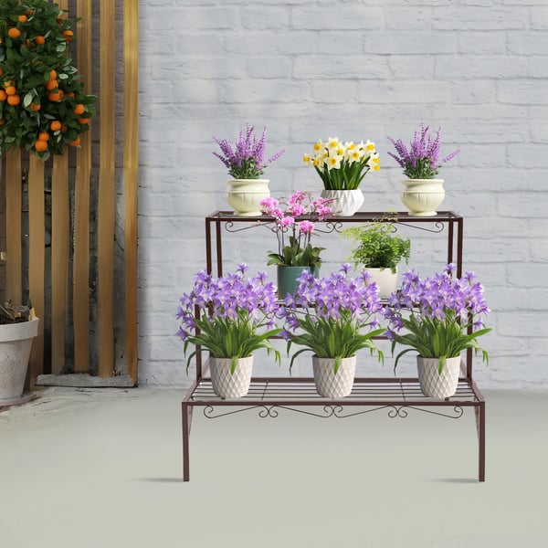 Planteholder Blomsterhylde - 3-etagers trappemodel - Jern - Fritstående - Inde/Ude - Max 20 kg pr. hylde - Champagne