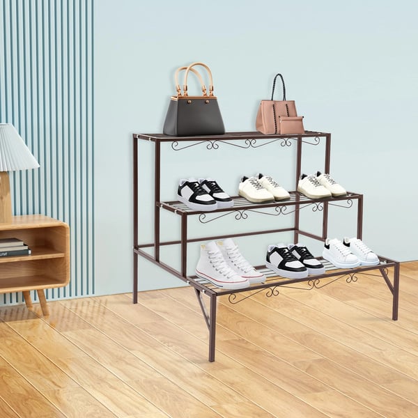 Planteholder Blomsterhylde - 3-etagers trappemodel - Jern - Fritstående - Inde/Ude - Max 20 kg pr. hylde - Champagne