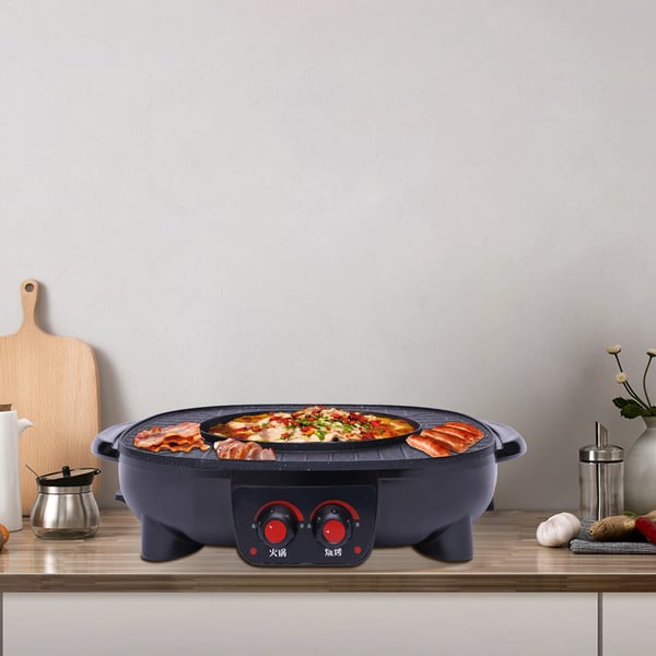 2-i-1 Elektrisk Grill & Hotpot - Shabu Shabu-Gryde - 2000 W - 3 L - 26 cm - Non-stick - 5–6 Personer - EU-Stik - Sort
