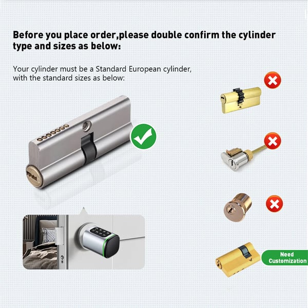 Smart låsecylinder til dør - Låsecylinder 60 mm - App, kode, nøglekort, nøgle - 100 koder/100 kort - IP5X - Til dørtykkelse 35–45 mm - Sort