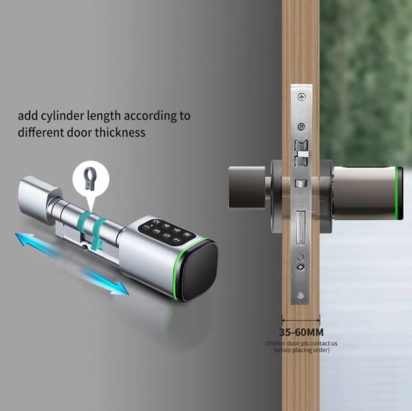 Smart låsecylinder til dør - Låsecylinder 60 mm - App, kode, nøglekort, nøgle - 100 koder/100 kort - IP5X - Til dørtykkelse 35–45 mm - Sort